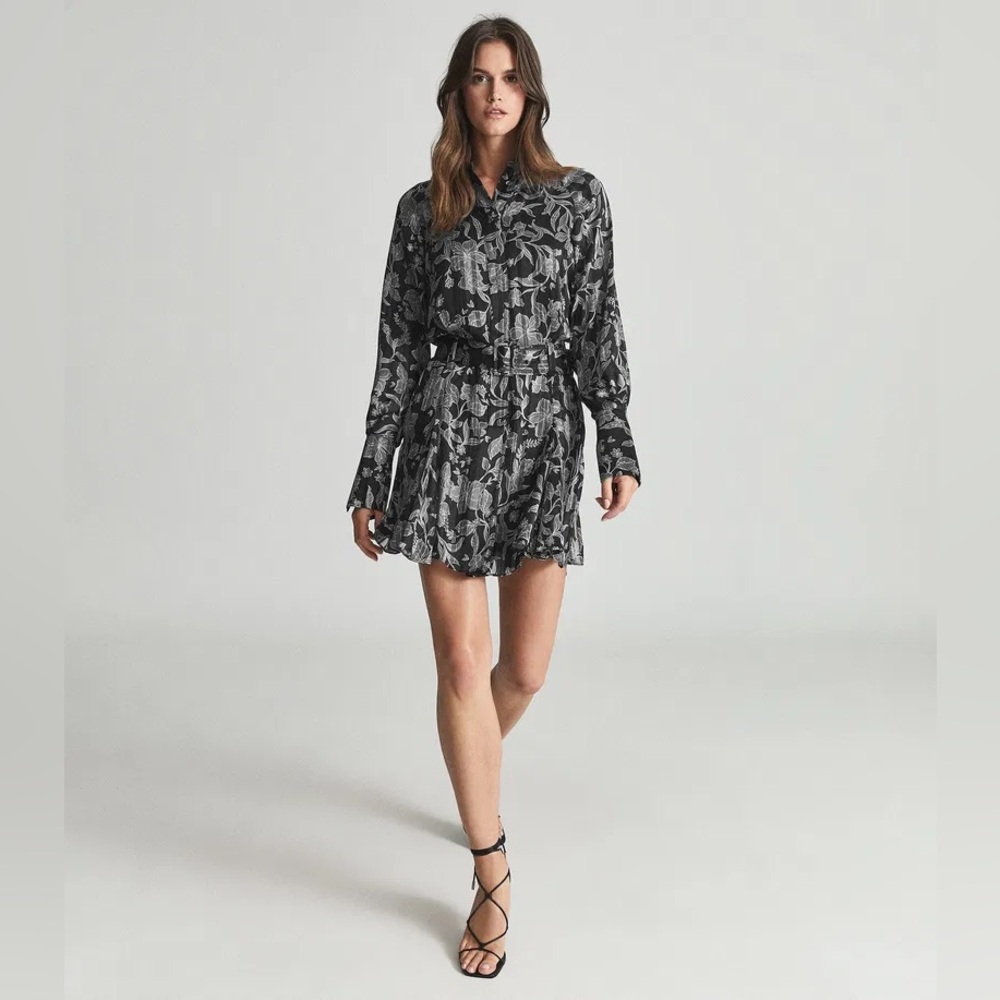 REISS Larissa Women’s SZ 14 Black Green Floral Print Chiffon Belted Mini Dress